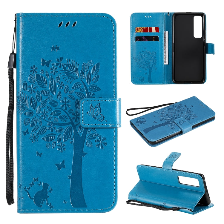 Tree & Cat Embossed Pattern Horizontal Flip Leather Case with Holder & Card Slots & Wallet & Lanyard – Lanyard, Card Slot, Flip, For Xiaomi Redmi K30 Pro, For Huawei Nova 7 Pro For Huawei Nova 7 Pro Blue