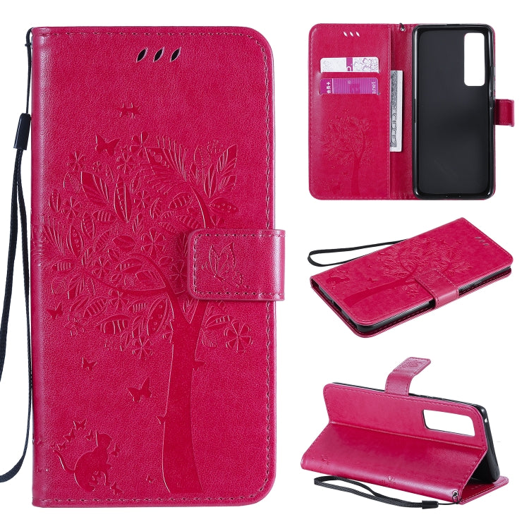 Tree & Cat Embossed Pattern Horizontal Flip Leather Case with Holder & Card Slots & Wallet & Lanyard – Lanyard, Card Slot, Flip, For Xiaomi Redmi K30 Pro, For Huawei Nova 7 Pro For Huawei Nova 7 Pro Rose Red