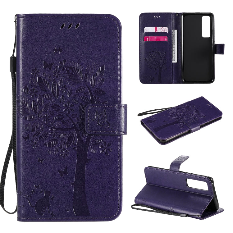 Tree & Cat Embossed Pattern Horizontal Flip Leather Case with Holder & Card Slots & Wallet & Lanyard – Lanyard, Card Slot, Flip, For Xiaomi Redmi K30 Pro, For Huawei Nova 7 Pro For Huawei Nova 7 Pro Purple