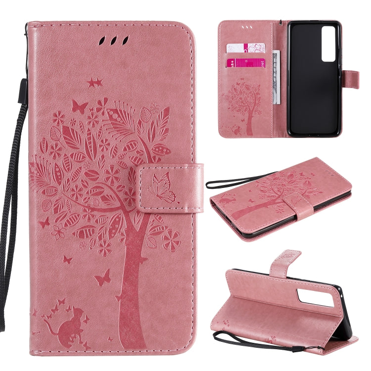 Tree & Cat Embossed Pattern Horizontal Flip Leather Case with Holder & Card Slots & Wallet & Lanyard – Lanyard, Card Slot, Flip, For Xiaomi Redmi K30 Pro, For Huawei Nova 7 Pro For Huawei Nova 7 Pro Pink