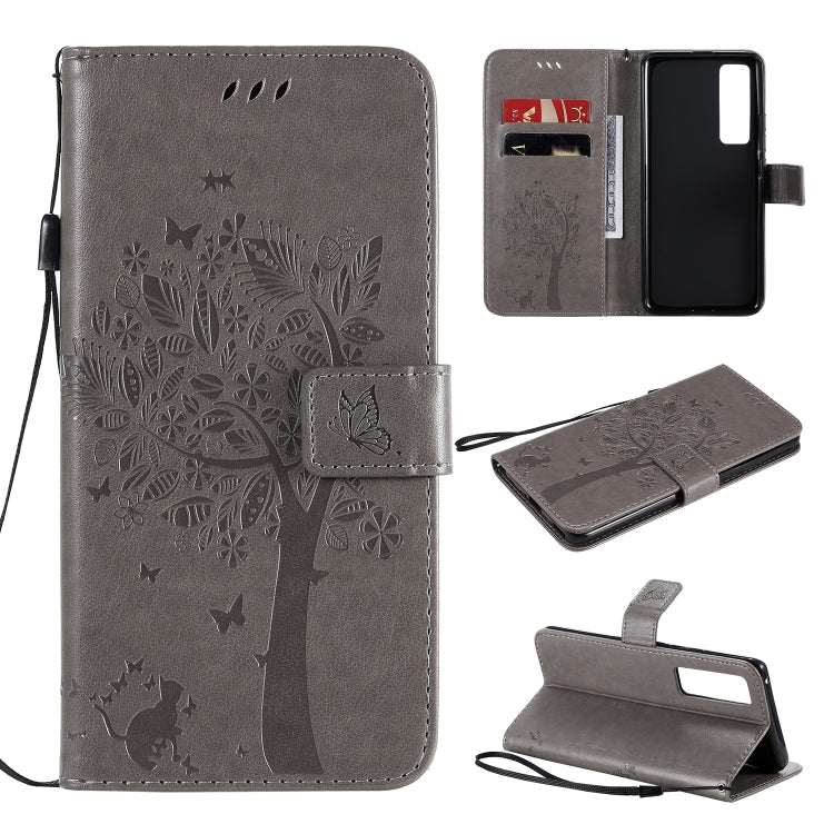 Tree & Cat Embossed Pattern Horizontal Flip Leather Case with Holder & Card Slots & Wallet & Lanyard – Lanyard, Card Slot, Flip, For Xiaomi Redmi K30 Pro, For Huawei Nova 7 Pro For Huawei Nova 7 Pro Grey