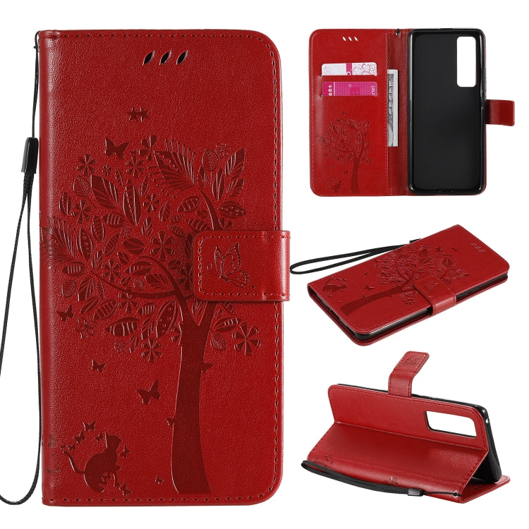 Tree & Cat Embossed Pattern Horizontal Flip Leather Case with Holder & Card Slots & Wallet & Lanyard – Lanyard, Card Slot, Flip, For Xiaomi Redmi K30 Pro, For Huawei Nova 7 Pro For Huawei Nova 7 Pro Red