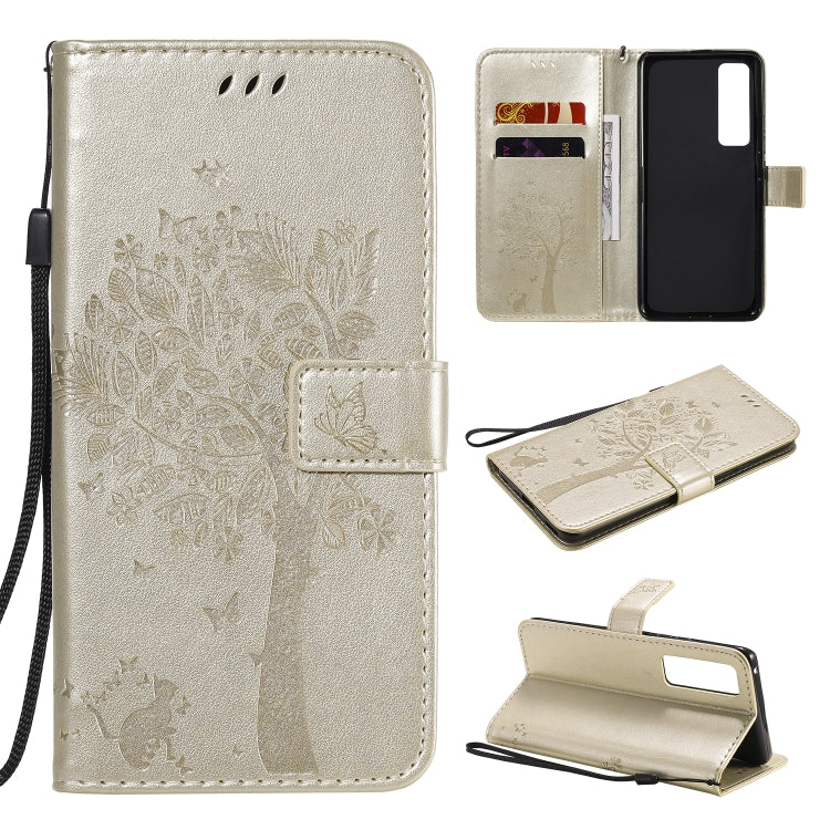 Tree & Cat Embossed Pattern Horizontal Flip Leather Case with Holder & Card Slots & Wallet & Lanyard – Lanyard, Card Slot, Flip, For Xiaomi Redmi K30 Pro, For Huawei Nova 7 Pro For Huawei Nova 7 Pro Gold