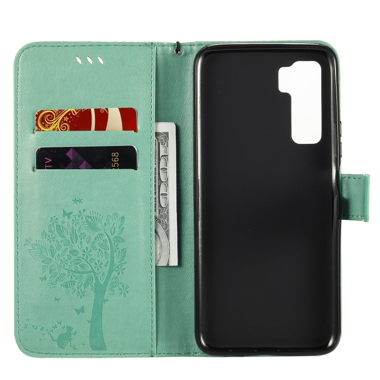 Tree & Cat Embossed Pattern Horizontal Flip Leather Case with Holder & Card Slots & Wallet & Lanyard – Lanyard, Card Slot, Flip, For Huawei Nova 7 SE, For Huawei Nova 7