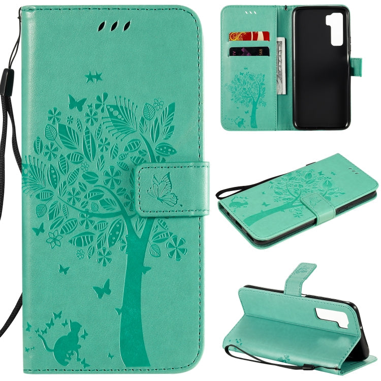 Tree & Cat Embossed Pattern Horizontal Flip Leather Case with Holder & Card Slots & Wallet & Lanyard – Lanyard, Card Slot, Flip, For Huawei Nova 7 SE, For Huawei Nova 7