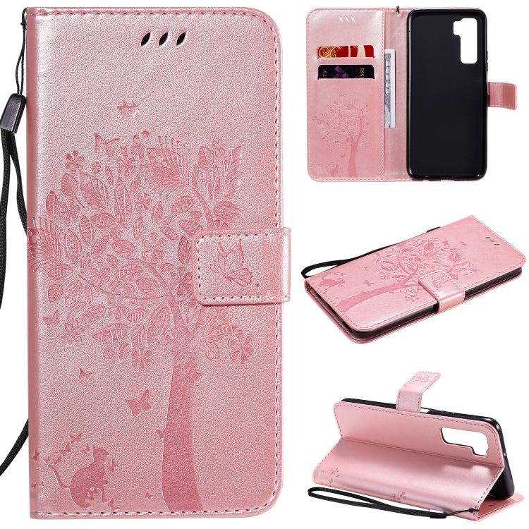 Tree & Cat Embossed Pattern Horizontal Flip Leather Case with Holder & Card Slots & Wallet & Lanyard – Lanyard, Card Slot, Flip, For Huawei Nova 7 SE, For Huawei Nova 7 For Huawei Nova 7 SE Rose Gold