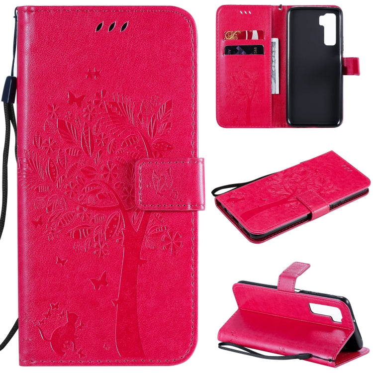 Tree & Cat Embossed Pattern Horizontal Flip Leather Case with Holder & Card Slots & Wallet & Lanyard – Lanyard, Card Slot, Flip, For Huawei Nova 7 SE, For Huawei Nova 7 For Huawei Nova 7 SE Rose Red