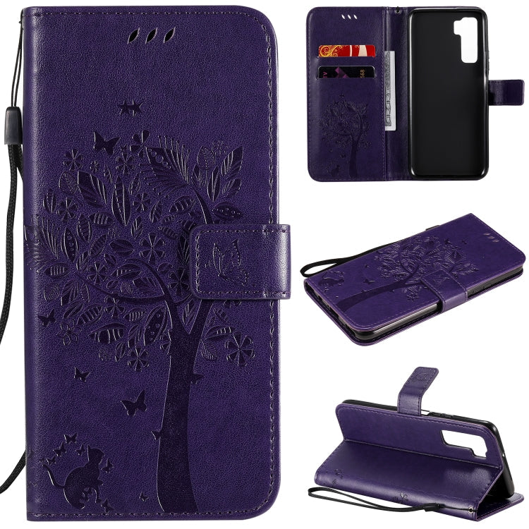 Tree & Cat Embossed Pattern Horizontal Flip Leather Case with Holder & Card Slots & Wallet & Lanyard – Lanyard, Card Slot, Flip, For Huawei Nova 7 SE, For Huawei Nova 7 For Huawei Nova 7 SE Purple
