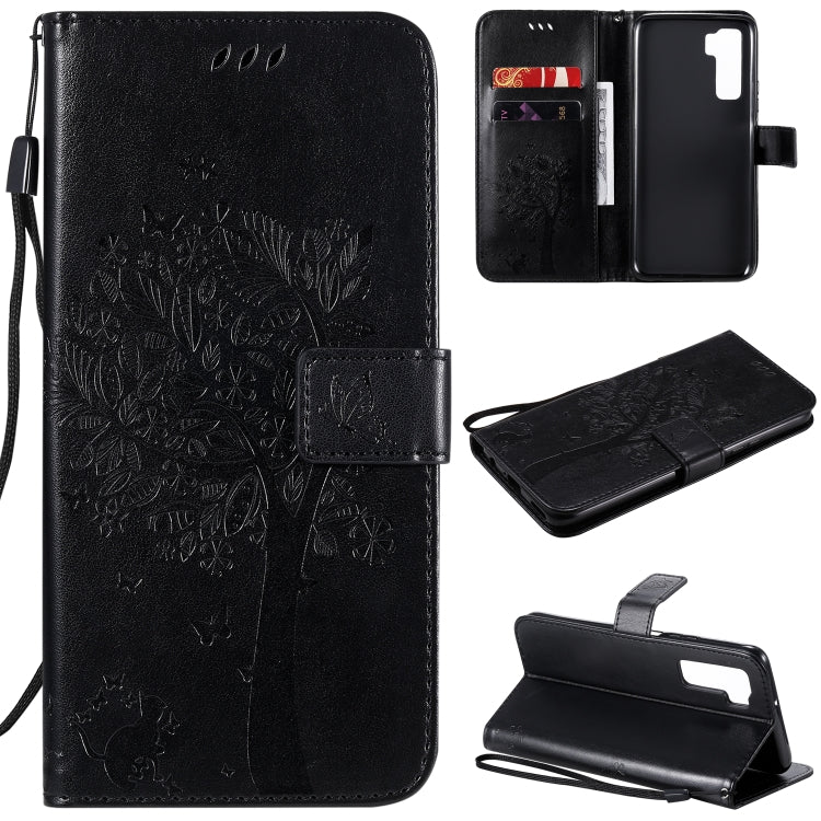 Tree & Cat Embossed Pattern Horizontal Flip Leather Case with Holder & Card Slots & Wallet & Lanyard – Lanyard, Card Slot, Flip, For Huawei Nova 7 SE, For Huawei Nova 7 For Huawei Nova 7 SE Black