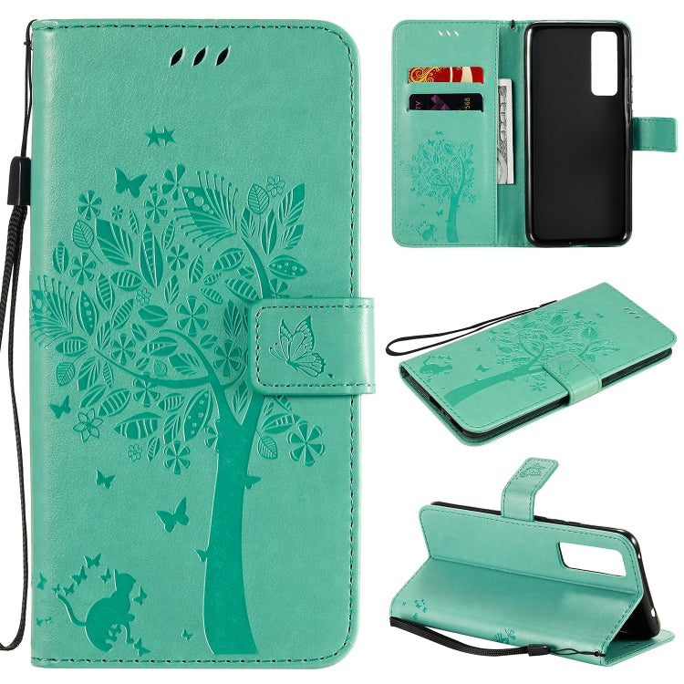 Tree & Cat Embossed Pattern Horizontal Flip Leather Case with Holder & Card Slots & Wallet & Lanyard – Lanyard, Card Slot, Flip, For Huawei Nova 7 SE, For Huawei Nova 7 For Huawei Nova 7 Green
