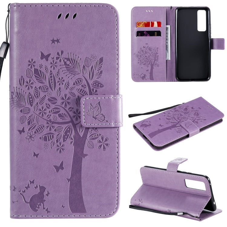 Tree & Cat Embossed Pattern Horizontal Flip Leather Case with Holder & Card Slots & Wallet & Lanyard – Lanyard, Card Slot, Flip, For Huawei Nova 7 SE, For Huawei Nova 7 For Huawei Nova 7 Light Purple