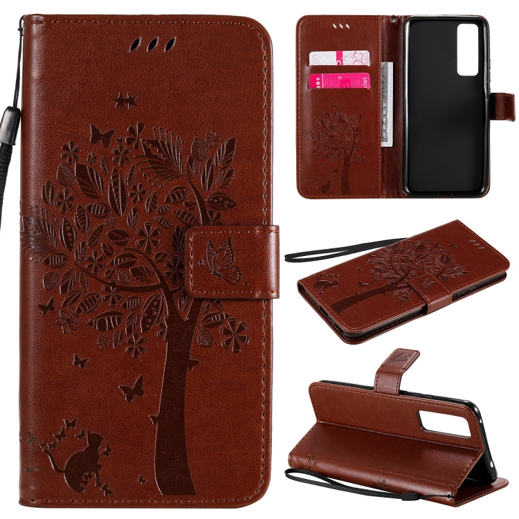 Tree & Cat Embossed Pattern Horizontal Flip Leather Case with Holder & Card Slots & Wallet & Lanyard – Lanyard, Card Slot, Flip, For Huawei Nova 7 SE, For Huawei Nova 7 For Huawei Nova 7 Coffee