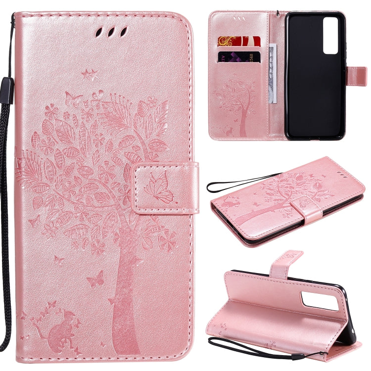 Tree & Cat Embossed Pattern Horizontal Flip Leather Case with Holder & Card Slots & Wallet & Lanyard – Lanyard, Card Slot, Flip, For Huawei Nova 7 SE, For Huawei Nova 7 For Huawei Nova 7 Rose Gold