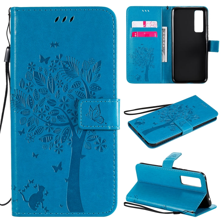 Tree & Cat Embossed Pattern Horizontal Flip Leather Case with Holder & Card Slots & Wallet & Lanyard – Lanyard, Card Slot, Flip, For Huawei Nova 7 SE, For Huawei Nova 7 For Huawei Nova 7 Blue