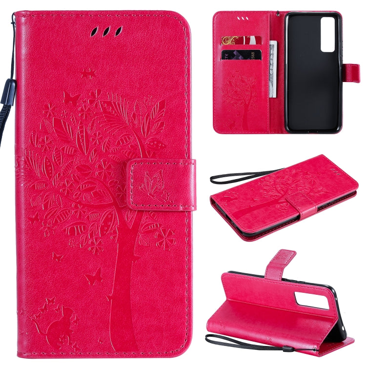 Tree & Cat Embossed Pattern Horizontal Flip Leather Case with Holder & Card Slots & Wallet & Lanyard – Lanyard, Card Slot, Flip, For Huawei Nova 7 SE, For Huawei Nova 7 For Huawei Nova 7 Rose Red