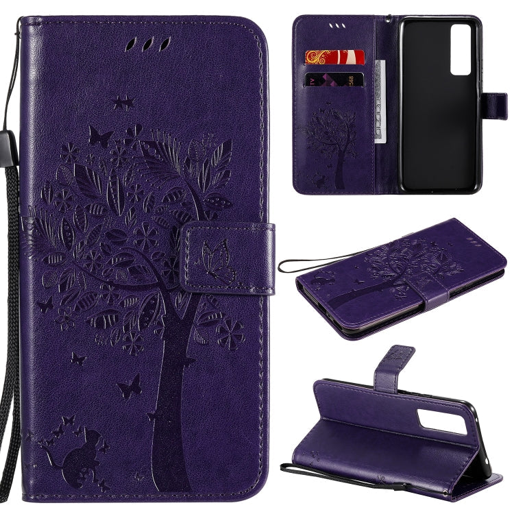 Tree & Cat Embossed Pattern Horizontal Flip Leather Case with Holder & Card Slots & Wallet & Lanyard – Lanyard, Card Slot, Flip, For Huawei Nova 7 SE, For Huawei Nova 7 For Huawei Nova 7 Purple