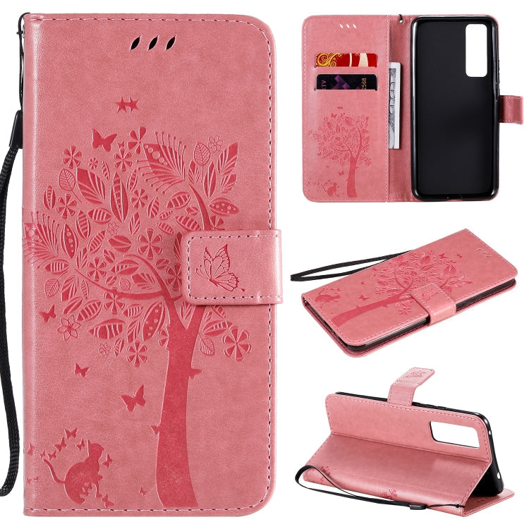 Tree & Cat Embossed Pattern Horizontal Flip Leather Case with Holder & Card Slots & Wallet & Lanyard – Lanyard, Card Slot, Flip, For Huawei Nova 7 SE, For Huawei Nova 7 For Huawei Nova 7 Pink