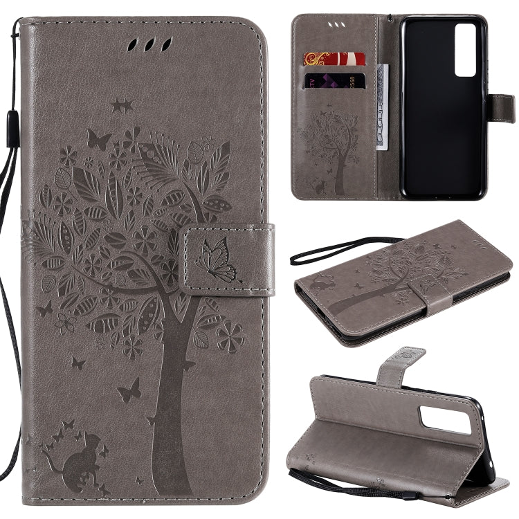 Tree & Cat Embossed Pattern Horizontal Flip Leather Case with Holder & Card Slots & Wallet & Lanyard – Lanyard, Card Slot, Flip, For Huawei Nova 7 SE, For Huawei Nova 7 For Huawei Nova 7 Grey