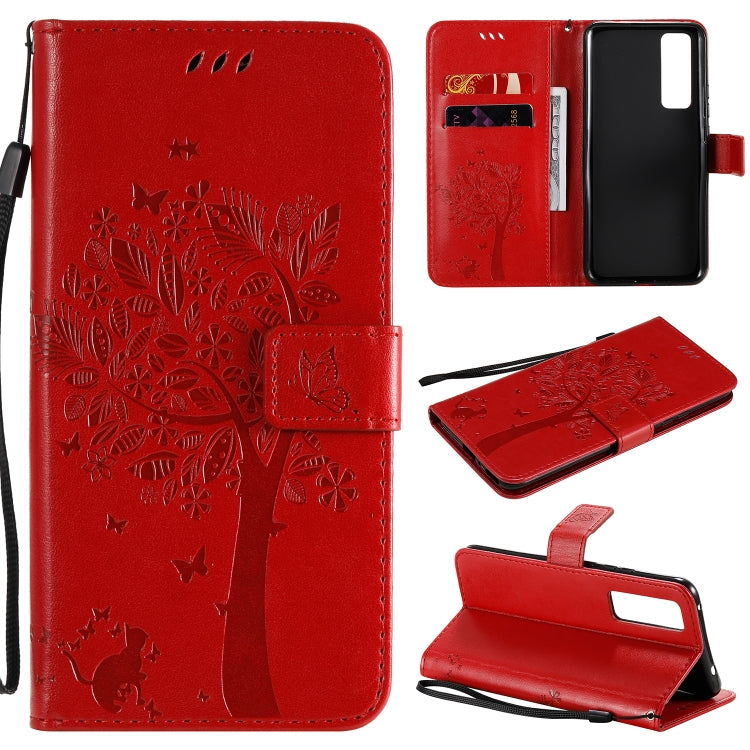 Tree & Cat Embossed Pattern Horizontal Flip Leather Case with Holder & Card Slots & Wallet & Lanyard – Lanyard, Card Slot, Flip, For Huawei Nova 7 SE, For Huawei Nova 7 For Huawei Nova 7 Red