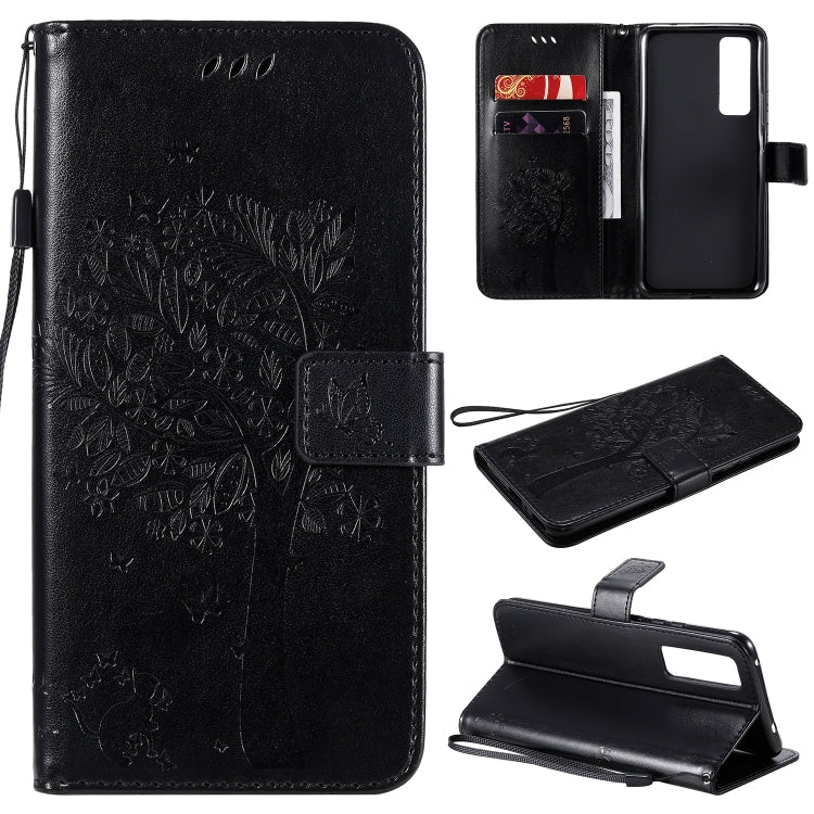 Tree & Cat Embossed Pattern Horizontal Flip Leather Case with Holder & Card Slots & Wallet & Lanyard – Lanyard, Card Slot, Flip, For Huawei Nova 7 SE, For Huawei Nova 7 For Huawei Nova 7 Black