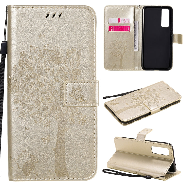 Tree & Cat Embossed Pattern Horizontal Flip Leather Case with Holder & Card Slots & Wallet & Lanyard – Lanyard, Card Slot, Flip, For Huawei Nova 7 SE, For Huawei Nova 7 For Huawei Nova 7 Gold