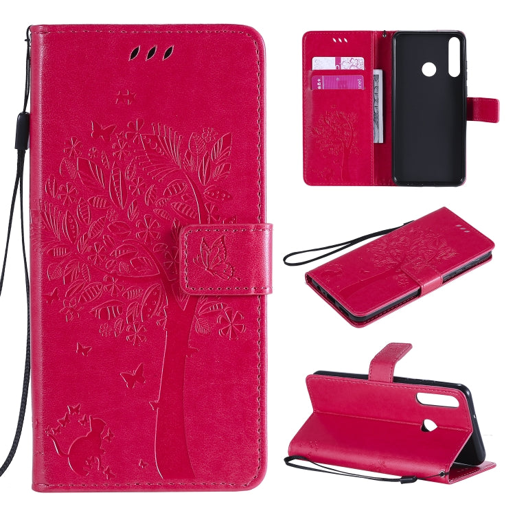 Tree & Cat Embossed Pattern Horizontal Flip Leather Case with Holder & Card Slots & Wallet & Lanyard – Lanyard, Card Slot, Flip, For Huawei Y6p, For Huawei Honor 9A For Huawei Y6p Rose Red