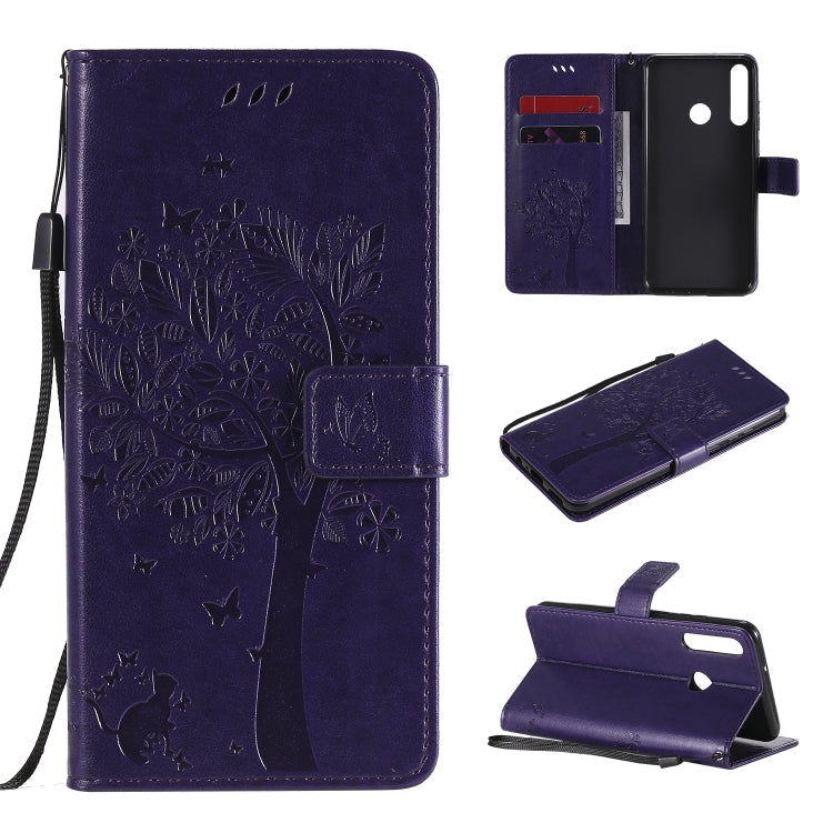 Tree & Cat Embossed Pattern Horizontal Flip Leather Case with Holder & Card Slots & Wallet & Lanyard – Lanyard, Card Slot, Flip, For Huawei Y6p, For Huawei Honor 9A For Huawei Y6p Purple