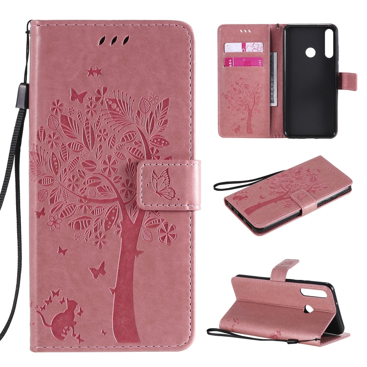 Tree & Cat Embossed Pattern Horizontal Flip Leather Case with Holder & Card Slots & Wallet & Lanyard – Lanyard, Card Slot, Flip, For Huawei Y6p, For Huawei Honor 9A For Huawei Y6p Pink