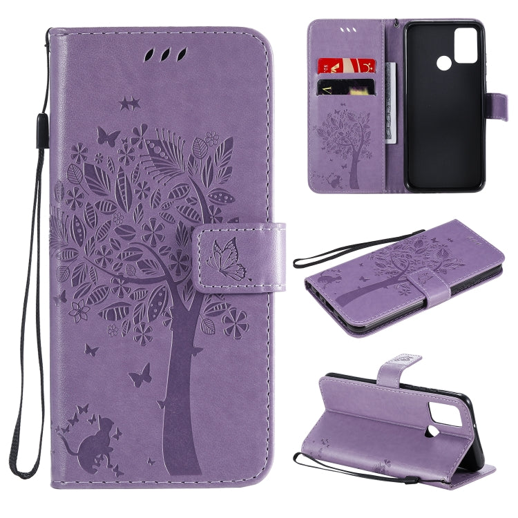 Tree & Cat Embossed Pattern Horizontal Flip Leather Case with Holder & Card Slots & Wallet & Lanyard – Lanyard, Card Slot, Flip, For Huawei Y6p, For Huawei Honor 9A For Huawei Honor 9A Light Purple