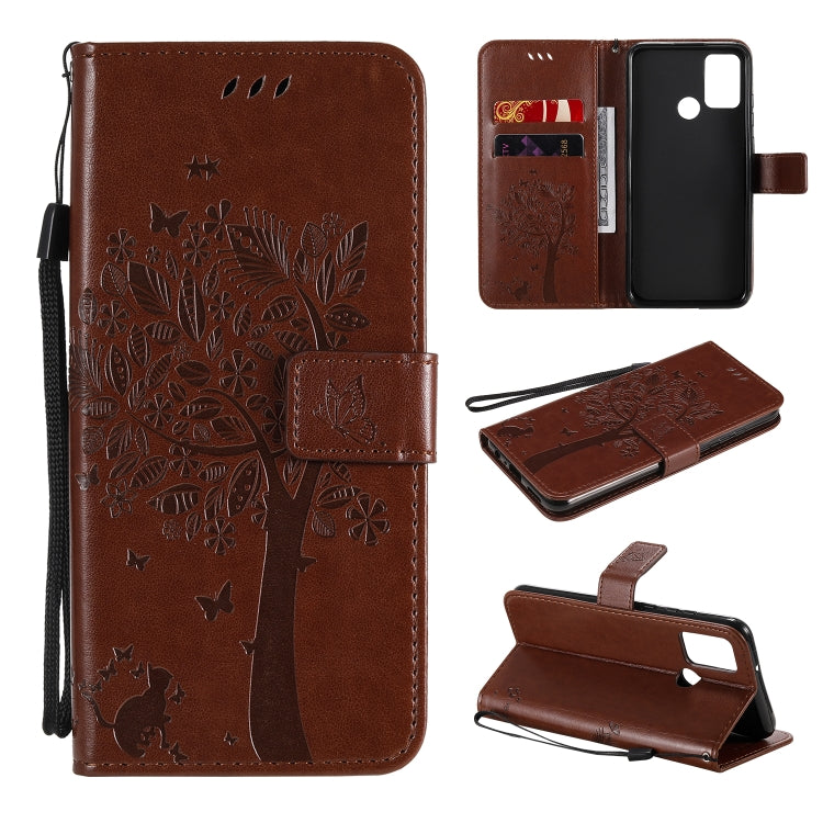 Tree & Cat Embossed Pattern Horizontal Flip Leather Case with Holder & Card Slots & Wallet & Lanyard – Lanyard, Card Slot, Flip, For Huawei Y6p, For Huawei Honor 9A For Huawei Honor 9A Coffee