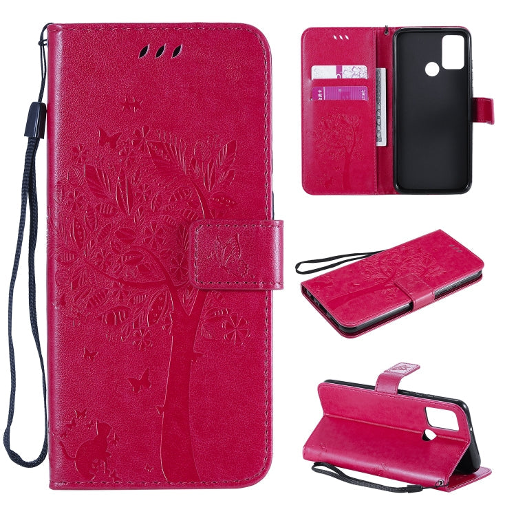 Tree & Cat Embossed Pattern Horizontal Flip Leather Case with Holder & Card Slots & Wallet & Lanyard – Lanyard, Card Slot, Flip, For Huawei Y6p, For Huawei Honor 9A For Huawei Honor 9A Rose Red