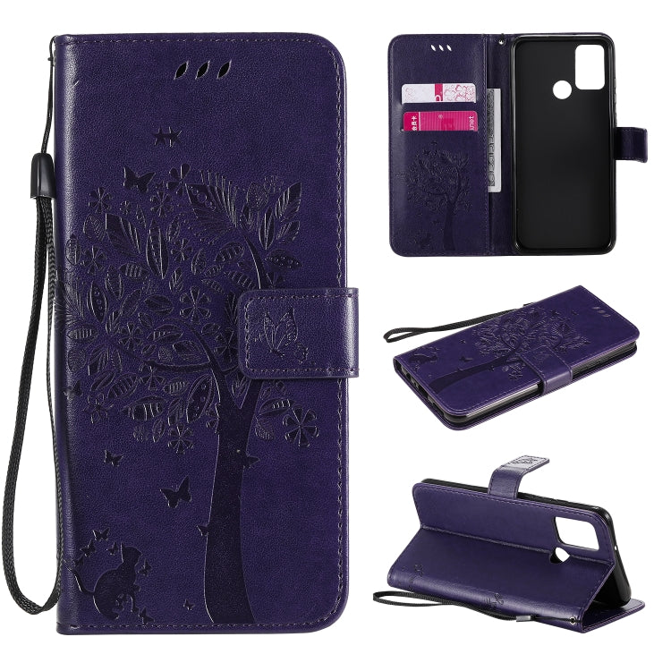 Tree & Cat Embossed Pattern Horizontal Flip Leather Case with Holder & Card Slots & Wallet & Lanyard – Lanyard, Card Slot, Flip, For Huawei Y6p, For Huawei Honor 9A For Huawei Honor 9A Purple