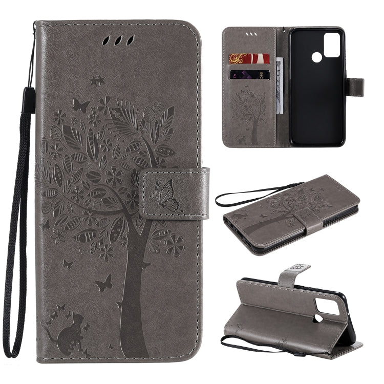 Tree & Cat Embossed Pattern Horizontal Flip Leather Case with Holder & Card Slots & Wallet & Lanyard – Lanyard, Card Slot, Flip, For Huawei Y6p, For Huawei Honor 9A For Huawei Honor 9A Grey