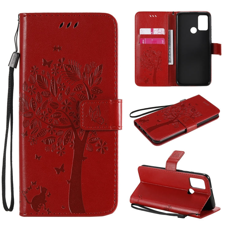 Tree & Cat Embossed Pattern Horizontal Flip Leather Case with Holder & Card Slots & Wallet & Lanyard – Lanyard, Card Slot, Flip, For Huawei Y6p, For Huawei Honor 9A For Huawei Honor 9A Red
