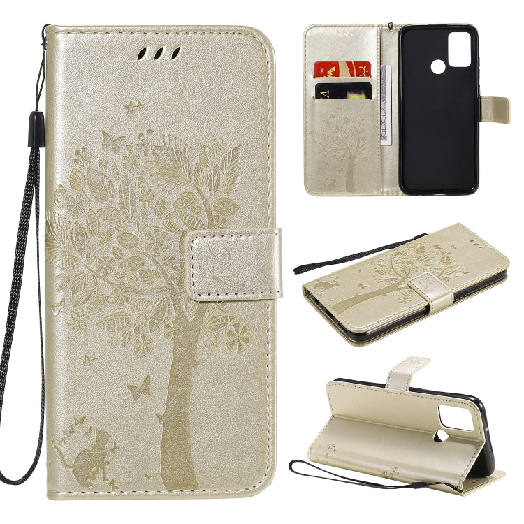 Tree & Cat Embossed Pattern Horizontal Flip Leather Case with Holder & Card Slots & Wallet & Lanyard – Lanyard, Card Slot, Flip, For Huawei Y6p, For Huawei Honor 9A For Huawei Honor 9A Gold