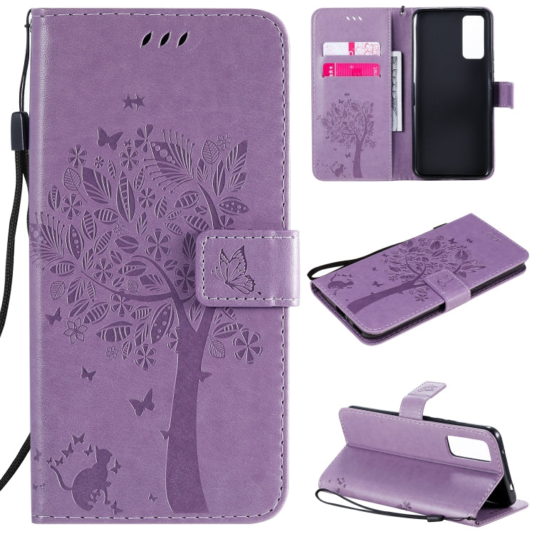 Tree & Cat Embossed Pattern Horizontal Flip Leather Case with Holder & Card Slots & Wallet & Lanyard – Lanyard, Card Slot, Flip, For Huawei Honor 30 Pro, For Huawei Honor 30 For Huawei Honor 30 Pro Light Purple