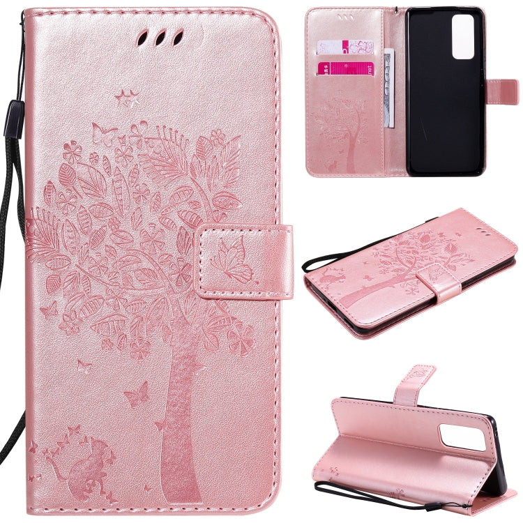 Tree & Cat Embossed Pattern Horizontal Flip Leather Case with Holder & Card Slots & Wallet & Lanyard – Lanyard, Card Slot, Flip, For Huawei Honor 30 Pro, For Huawei Honor 30 For Huawei Honor 30 Pro Rose Gold