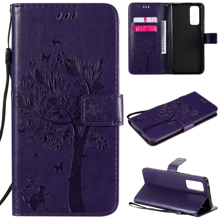 Tree & Cat Embossed Pattern Horizontal Flip Leather Case with Holder & Card Slots & Wallet & Lanyard – Lanyard, Card Slot, Flip, For Huawei Honor 30 Pro, For Huawei Honor 30 For Huawei Honor 30 Pro Purple