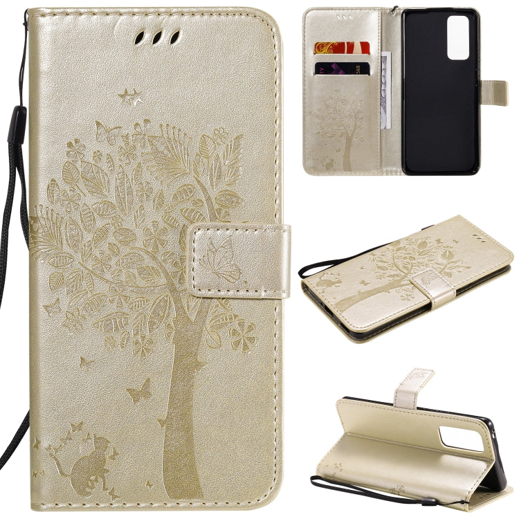 Tree & Cat Embossed Pattern Horizontal Flip Leather Case with Holder & Card Slots & Wallet & Lanyard – Lanyard, Card Slot, Flip, For Huawei Honor 30 Pro, For Huawei Honor 30 For Huawei Honor 30 Pro Gold