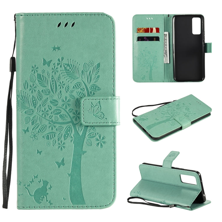 Tree & Cat Embossed Pattern Horizontal Flip Leather Case with Holder & Card Slots & Wallet & Lanyard – Lanyard, Card Slot, Flip, For Huawei Honor 30 Pro, For Huawei Honor 30 For Huawei Honor 30 Green