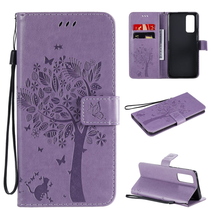Tree & Cat Embossed Pattern Horizontal Flip Leather Case with Holder & Card Slots & Wallet & Lanyard – Lanyard, Card Slot, Flip, For Huawei Honor 30 Pro, For Huawei Honor 30 For Huawei Honor 30 Light Purple