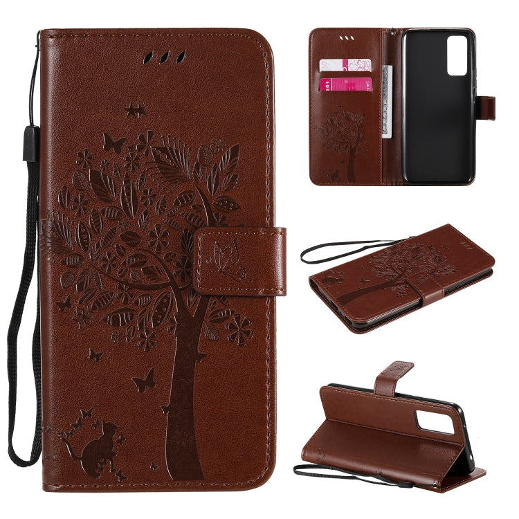 Tree & Cat Embossed Pattern Horizontal Flip Leather Case with Holder & Card Slots & Wallet & Lanyard – Lanyard, Card Slot, Flip, For Huawei Honor 30 Pro, For Huawei Honor 30 For Huawei Honor 30 Coffee
