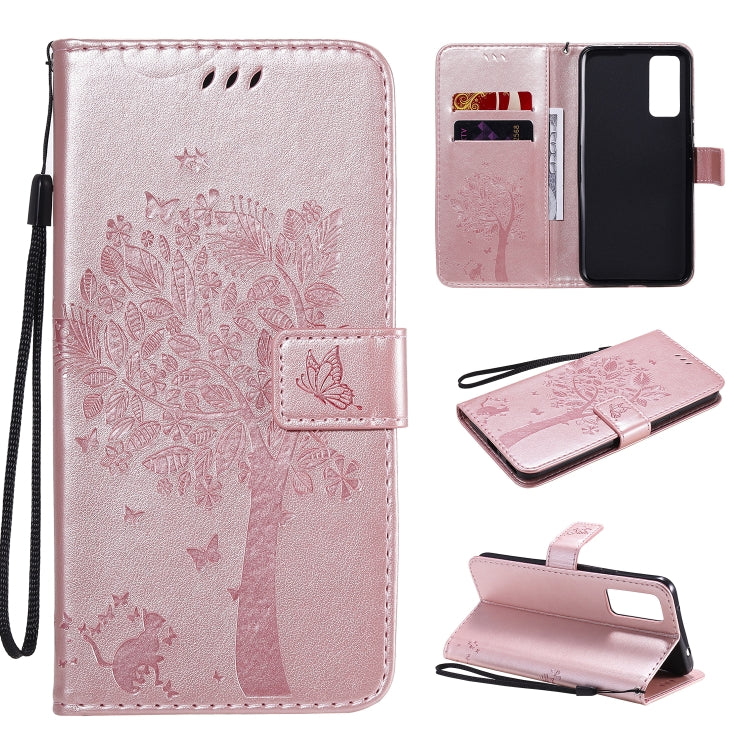 Tree & Cat Embossed Pattern Horizontal Flip Leather Case with Holder & Card Slots & Wallet & Lanyard – Lanyard, Card Slot, Flip, For Huawei Honor 30 Pro, For Huawei Honor 30 For Huawei Honor 30 Rose Gold