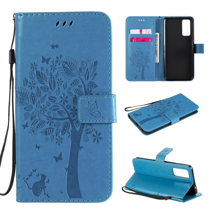 Tree & Cat Embossed Pattern Horizontal Flip Leather Case with Holder & Card Slots & Wallet & Lanyard – Lanyard, Card Slot, Flip, For Huawei Honor 30 Pro, For Huawei Honor 30 For Huawei Honor 30 Blue