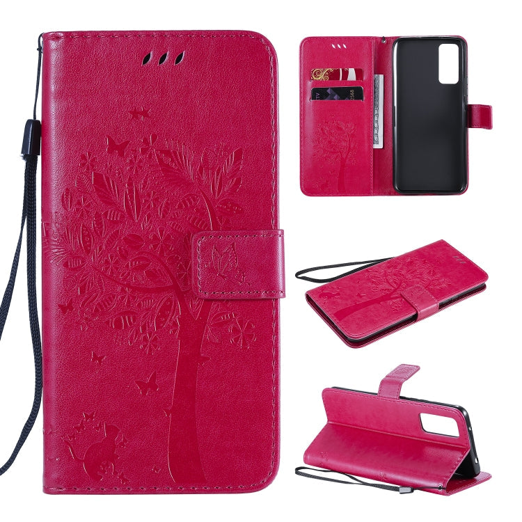 Tree & Cat Embossed Pattern Horizontal Flip Leather Case with Holder & Card Slots & Wallet & Lanyard – Lanyard, Card Slot, Flip, For Huawei Honor 30 Pro, For Huawei Honor 30 For Huawei Honor 30 Rose Red