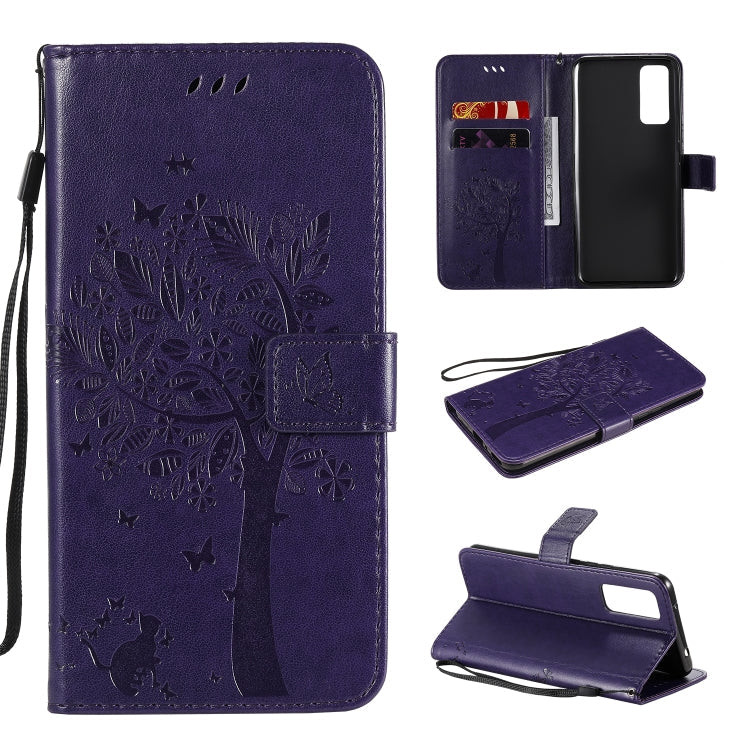 Tree & Cat Embossed Pattern Horizontal Flip Leather Case with Holder & Card Slots & Wallet & Lanyard – Lanyard, Card Slot, Flip, For Huawei Honor 30 Pro, For Huawei Honor 30 For Huawei Honor 30 Purple