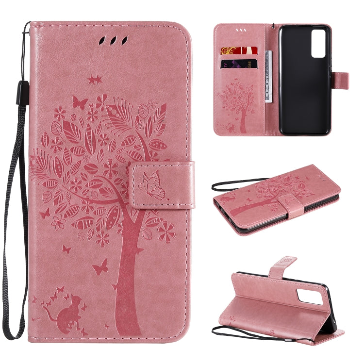 Tree & Cat Embossed Pattern Horizontal Flip Leather Case with Holder & Card Slots & Wallet & Lanyard – Lanyard, Card Slot, Flip, For Huawei Honor 30 Pro, For Huawei Honor 30 For Huawei Honor 30 Pink