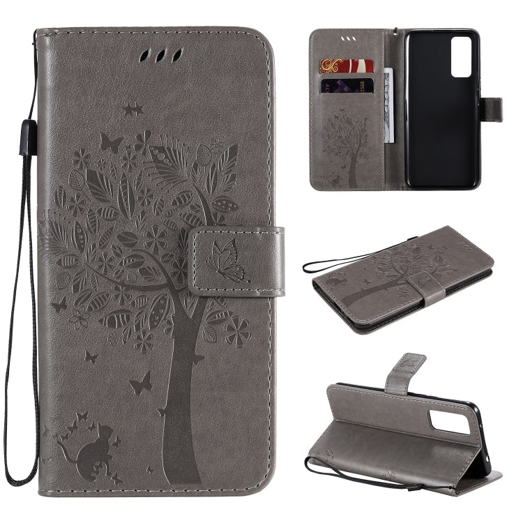 Tree & Cat Embossed Pattern Horizontal Flip Leather Case with Holder & Card Slots & Wallet & Lanyard – Lanyard, Card Slot, Flip, For Huawei Honor 30 Pro, For Huawei Honor 30 For Huawei Honor 30 Grey