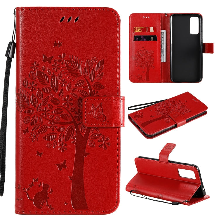 Tree & Cat Embossed Pattern Horizontal Flip Leather Case with Holder & Card Slots & Wallet & Lanyard – Lanyard, Card Slot, Flip, For Huawei Honor 30 Pro, For Huawei Honor 30 For Huawei Honor 30 Red
