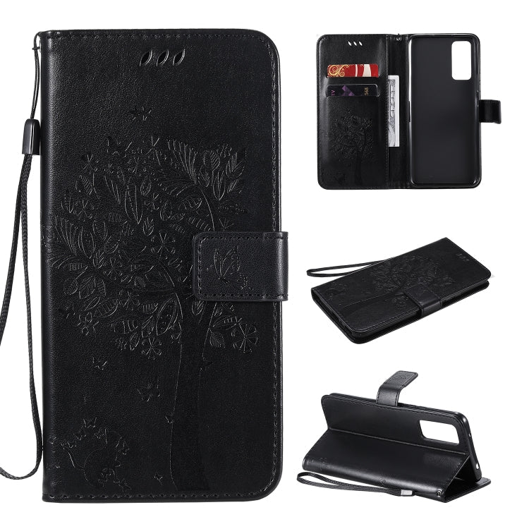 Tree & Cat Embossed Pattern Horizontal Flip Leather Case with Holder & Card Slots & Wallet & Lanyard – Lanyard, Card Slot, Flip, For Huawei Honor 30 Pro, For Huawei Honor 30 For Huawei Honor 30 Black